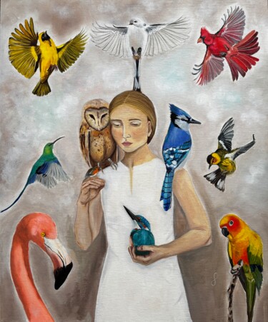 Pintura intitulada "Wonderful birds" por Elena Tereshchenko, Obras de arte originais, Óleo Montado em Cartão