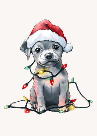 Digitale Kunst getiteld "Holiday Pup in Ligh…" door Chun Yu Guan, Origineel Kunstwerk, AI gegenereerde afbeelding Gemonteerd…