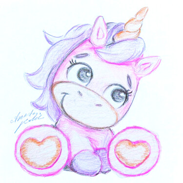 Cute Unicorn with Hearts - Hand-Drawn Pastel Art Σχέδιο με τίτλο "Cute Unicorn with H…" από Anastasia Kokler, Αυθεντικά έργα τέχνης, Μολύβι