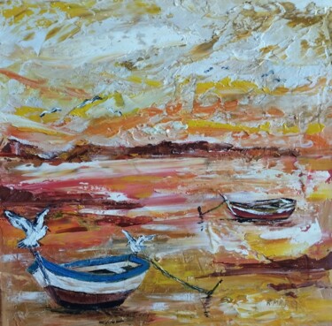 Schilderij getiteld "barques maree basse…" door Raphael Marras, Origineel Kunstwerk, Olie Gemonteerd op Frame voor houten br…