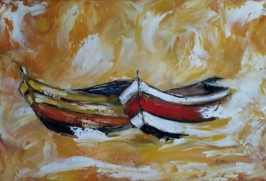 绘画 标题为“barques catalanes” 由Raphael Marras, 原创艺术品, 油 安装在木质担架架上