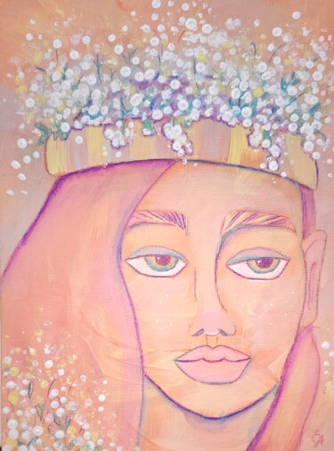 Dreamy freckled woman with floral crown – pastel portrait Painting titled "Dreamy freckled wom…" by Elaina Arty, Original Artwork, Acrylic Mounted on Cardboard