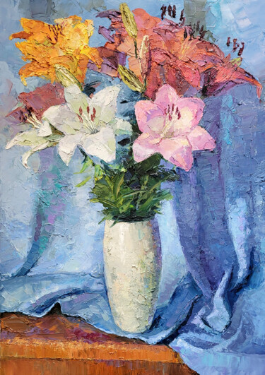 「Lilies」というタイトルの絵画 Boris Serdyukによって, オリジナルのアートワーク, オイル ウッドストレッチャーフレームにマウント