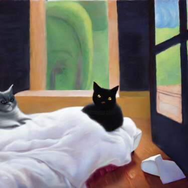 "Two cats in bed" başlıklı Dijital Sanat Meahau tarafından, Orijinal sanat, AI tarafından oluşturulan görüntü