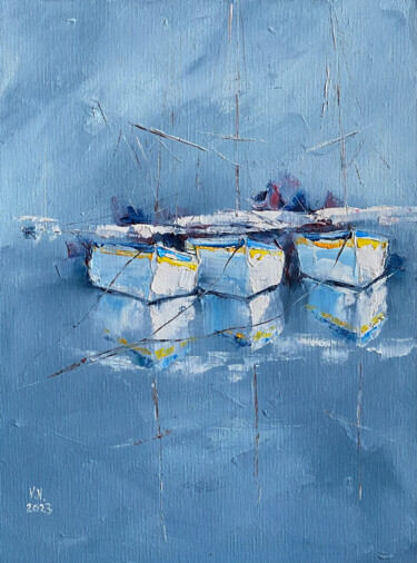 Boats 4 Painting titled "Boats 4" by Volodymyr Nezdiimynoha, Original Artwork, Oil Mounted on Wood Stretcher frame