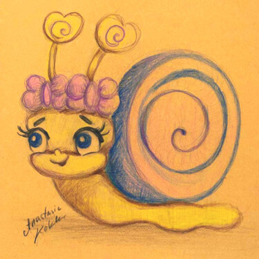Ghibli-Style Snail - Cute Colored Pencil Art on Kraft Paper Σχέδιο με τίτλο "Ghibli-Style Snail…" από Anastasia Kokler, Αυθεντικά έργα τέχνης, Μολύβι