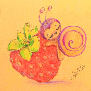 Sleeping Snail on Strawberry - Colored Pencil Art Σχέδιο με τίτλο "Sleeping Snail on S…" από Anastasia Kokler, Αυθεντικά έργα τέχνης, Μολύβι