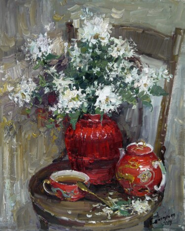 Pintura intitulada ""Красное трио"" por Elena Gagarina, Obras de arte originais, Óleo Montado em Armação em madeira