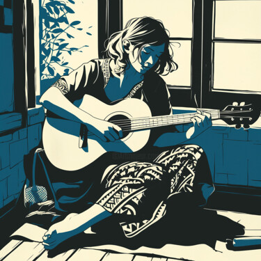 「Lady Guitarist II」というタイトルの絵画 Kosta Morrによって, オリジナルのアートワーク, アクリル ウッドストレッチャーフレームにマウント