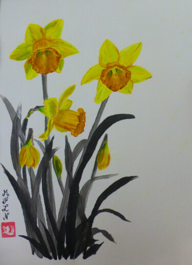 제목이 "Fleurs de jonquilles"인 그림 Marie-Françoise Le Néen로, 원작, 수채화