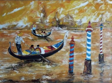 Картина под названием "promenade en gandole" - Raphael Marras, Подлинное произведение искусства, Масло Установлен на Деревян…