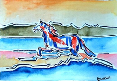 Pintura titulada "Pferd in den Wellen" por Anne Goldhahn, Obra de arte original, Acuarela
