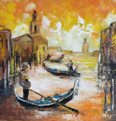 绘画 标题为“venise le soir” 由Raphael Marras, 原创艺术品, 油 安装在木质担架架上