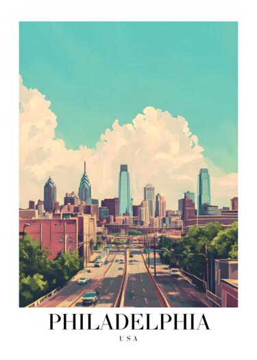 Digitale Kunst getiteld "Philadelphia Citysc…" door Chun Yu Guan, Origineel Kunstwerk, AI gegenereerde afbeelding Gemonteerd…
