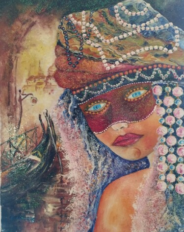 「carnaval de venise…」というタイトルの絵画 Raphael Marrasによって, オリジナルのアートワーク, オイル ウッドストレッチャーフレームにマウント