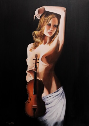 Pittura intitolato "Ritratto con violino" da Anna Rita Angiolelli, Opera d'arte originale, Olio Montato su Telaio per barell…