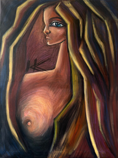 Painting titled "The girl is naked.…" by Katerina Kach, Original Artwork, Oil Mounted on Wood Stretcher frame