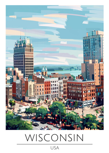 Digitale Kunst getiteld "Wisconsin Cityscape…" door Chun Yu Guan, Origineel Kunstwerk, AI gegenereerde afbeelding Gemonteerd…