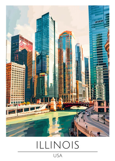 Digital Arts titled "Illinois Cityscape:…" by Chun Yu Guan, Original Artwork, AI generated image Mounted on Cardboard