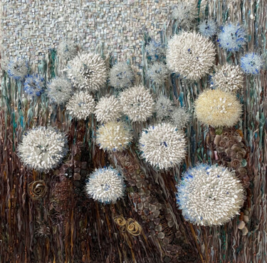 Dandelion Blanket. Part 1 Sculpture intitulée "Dandelion Blanket.…" par Elena Kirillova, Œuvre d'art originale, Mosaïque Monté sur Panneau de bois