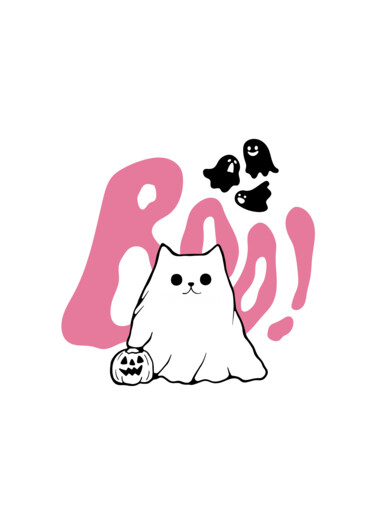 제목이 "Cute Ghost Cat Hall…"인 디지털 아트 春宇 关로, 원작, AI 생성 이미지 판지에 장착됨
