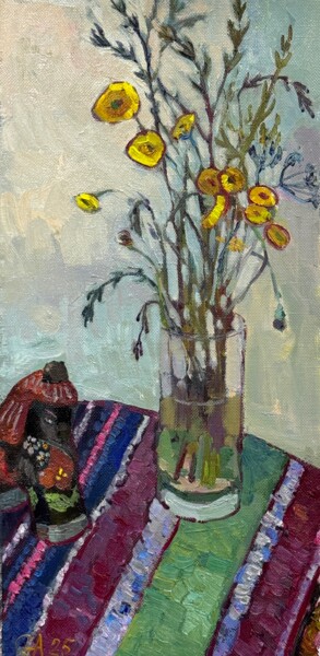Naive Decorative Still Life – Yellow Wildflowers & Wooden Ho Pintura titulada "Naive Decorative St…" por Ann Golub, Obra de arte original, Oleo Montado en Bastidor de camilla de madera