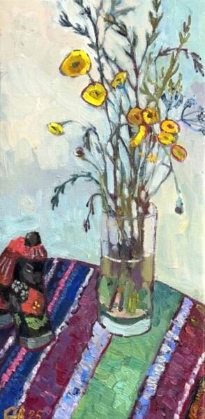 Naive Decorative Still Life – Yellow Wildflowers & Wooden Ho 绘画 标题为“Naive Decorative St…” 由Ann Golub, 原创艺术品, 油 安装在木质担架架上