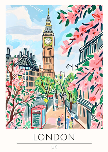 数字艺术 标题为“Cherry Blossom Lond…” 由春宇 关, 原创艺术品, AI生成的图像 安装在纸板上