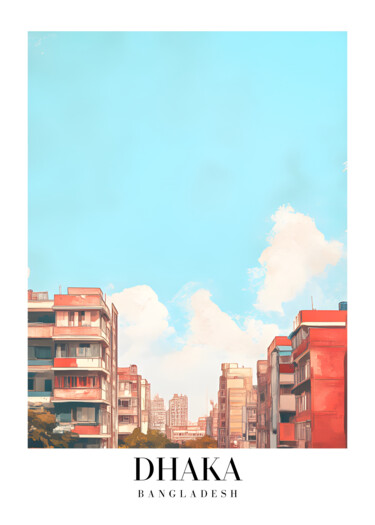 Digitale Kunst getiteld "Dhaka Cityscape: Ur…" door Chun Yu Guan, Origineel Kunstwerk, AI gegenereerde afbeelding Gemonteerd…