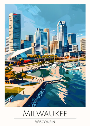 Digitale Kunst getiteld "Milwaukee Cityscape…" door Chun Yu Guan, Origineel Kunstwerk, AI gegenereerde afbeelding Gemonteerd…