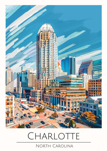 数字艺术 标题为“Charlotte Cityscape…” 由春宇 关, 原创艺术品, AI生成的图像 安装在纸板上