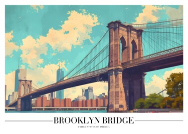 Digitale Kunst getiteld "Brooklyn Bridge: Ur…" door Chun Yu Guan, Origineel Kunstwerk, AI gegenereerde afbeelding Gemonteerd…
