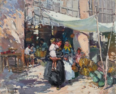 Pittura intitolato "Mercado de Ibiza" da Ignacio Gil, Opera d'arte originale, Olio Montato su Telaio per barella in legno