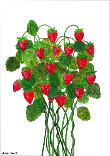 Schilderij getiteld "FRAGARIA" door Aurélie Saez, Origineel Kunstwerk, Aquarel