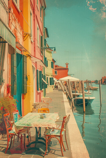 "Colorful Canal Café…" başlıklı Dijital Sanat 春宇 关 tarafından, Orijinal sanat, AI tarafından oluşturulan görüntü Karton üzer…
