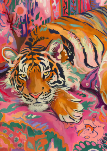 제목이 "Tiger in Vibrant Ju…"인 디지털 아트 春宇 关로, 원작, AI 생성 이미지 판지에 장착됨