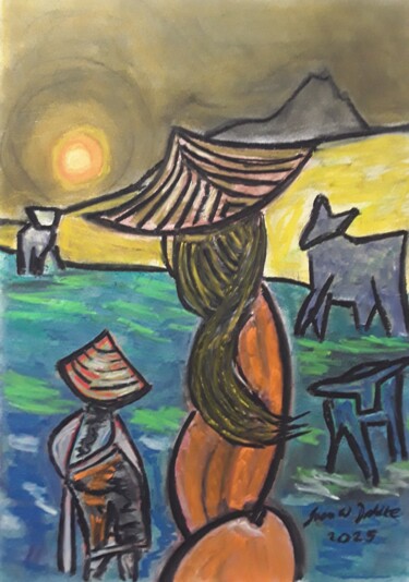 Картина под названием "In the rice fields" - Sven W. Dahlke, Подлинное произведение искусства, Мел