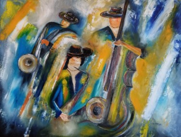 Schilderij getiteld "MUSIQUE ENTRE AMIS" door Raphael Marras, Origineel Kunstwerk, Olie Gemonteerd op Frame voor houten bran…