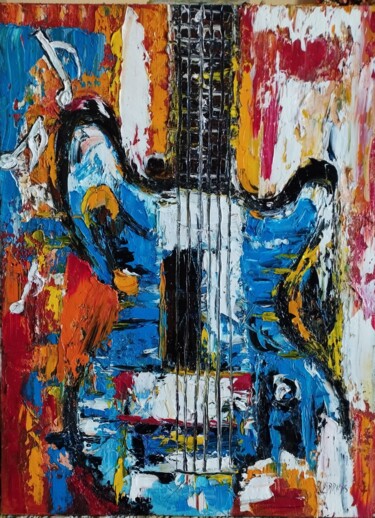 绘画 标题为“guitare bleu” 由Raphael Marras, 原创艺术品, 油 安装在木质担架架上