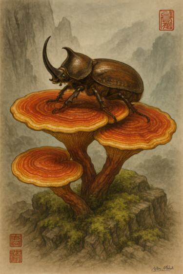 数字艺术 标题为“Beetle on mushrooms” 由Antoni Albalat Salanova, 原创艺术品, 数字油画