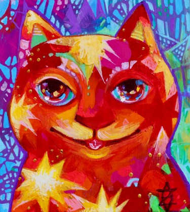 Schilderij getiteld "Chat exubérance" door Oxana Zaika, Origineel Kunstwerk, Acryl Gemonteerd op Houten paneel