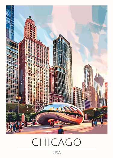 Digitale Kunst getiteld "Chicago Skyline wit…" door Chun Yu Guan, Origineel Kunstwerk, AI gegenereerde afbeelding Gemonteerd…