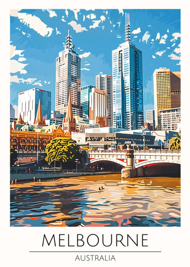 Digitale Kunst getiteld "Melbourne Cityscape…" door Chun Yu Guan, Origineel Kunstwerk, AI gegenereerde afbeelding Gemonteerd…