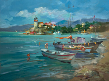 제목이 "Boats and Lighthouse"인 미술작품 Yuriy Suprunchuk로, 원작, 기름 판지에 장착됨