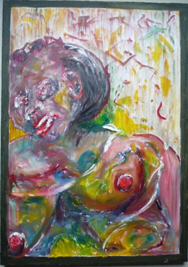 Painting titled "Frau unter mildem R…" by Harald Lange, Original Artwork, Oil