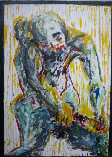 Painting titled "Mann unter mildem R…" by Harald Lange, Original Artwork, Oil
