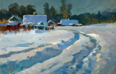 Painting titled "Country Winter Even…" by Yuriy Suprunchuk, Original Artwork, Oil Mounted on Cardboard