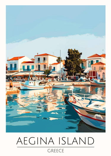 数字艺术 标题为“Aegina Island Harbo…” 由春宇 关, 原创艺术品, AI生成的图像 安装在纸板上