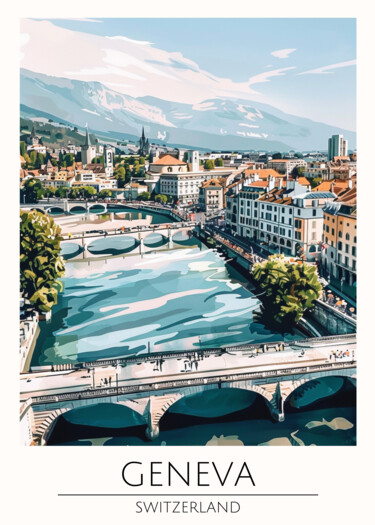数字艺术 标题为“Geneva Cityscape: S…” 由春宇 关, 原创艺术品, AI生成的图像 安装在纸板上