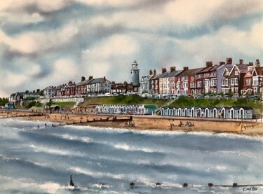 Schilderij getiteld "Southwold" door Darrencareyart Darren Carey, Origineel Kunstwerk, Aquarel Gemonteerd op Karton